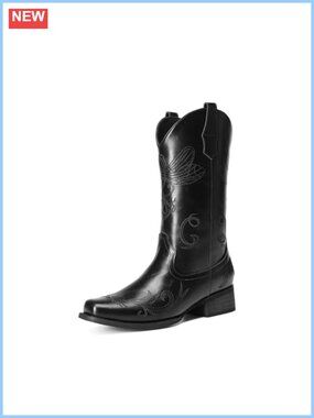 Women's Mid Calf Western Cowboy Boots Faux Leather Block Heel